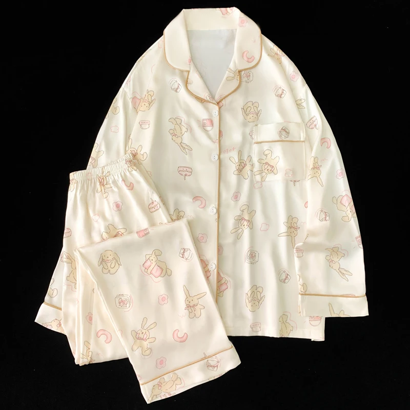 Y2k Sweet Cartoon Kawaii Little Rabbit Women Pajamas Japan Korean Cute Print Simulated Silk Homewear 2024 Autumn New 2pc Lounges