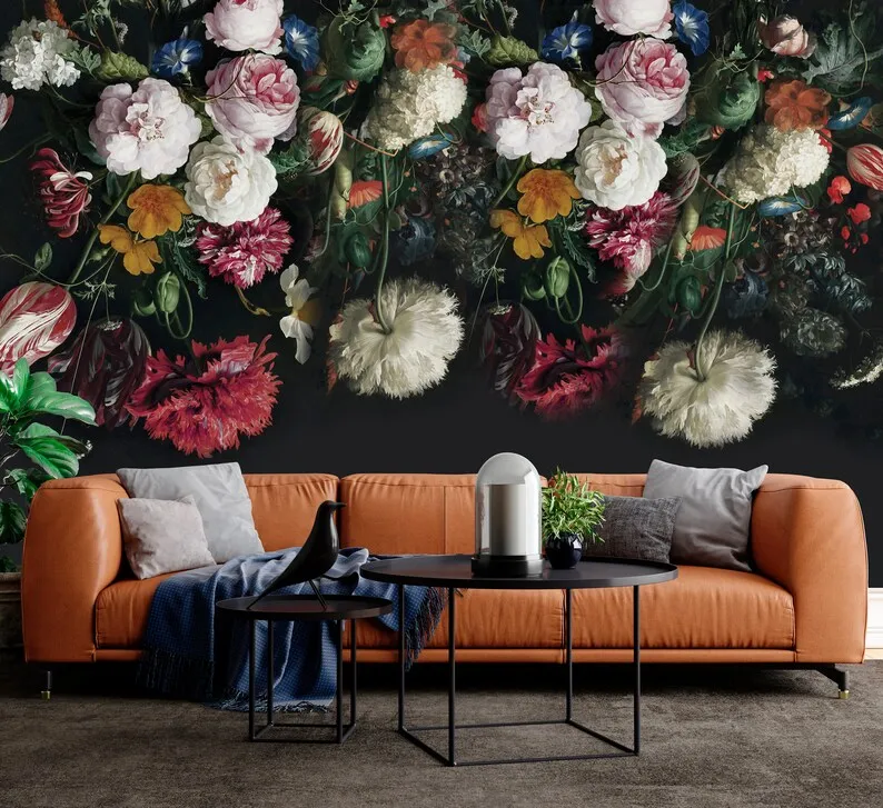 Dutch Flower Floral Dark Garden Wallpaper Removable Peel and Stick Self Adhesive Wall Mural Floral Bouquet Wallpaper