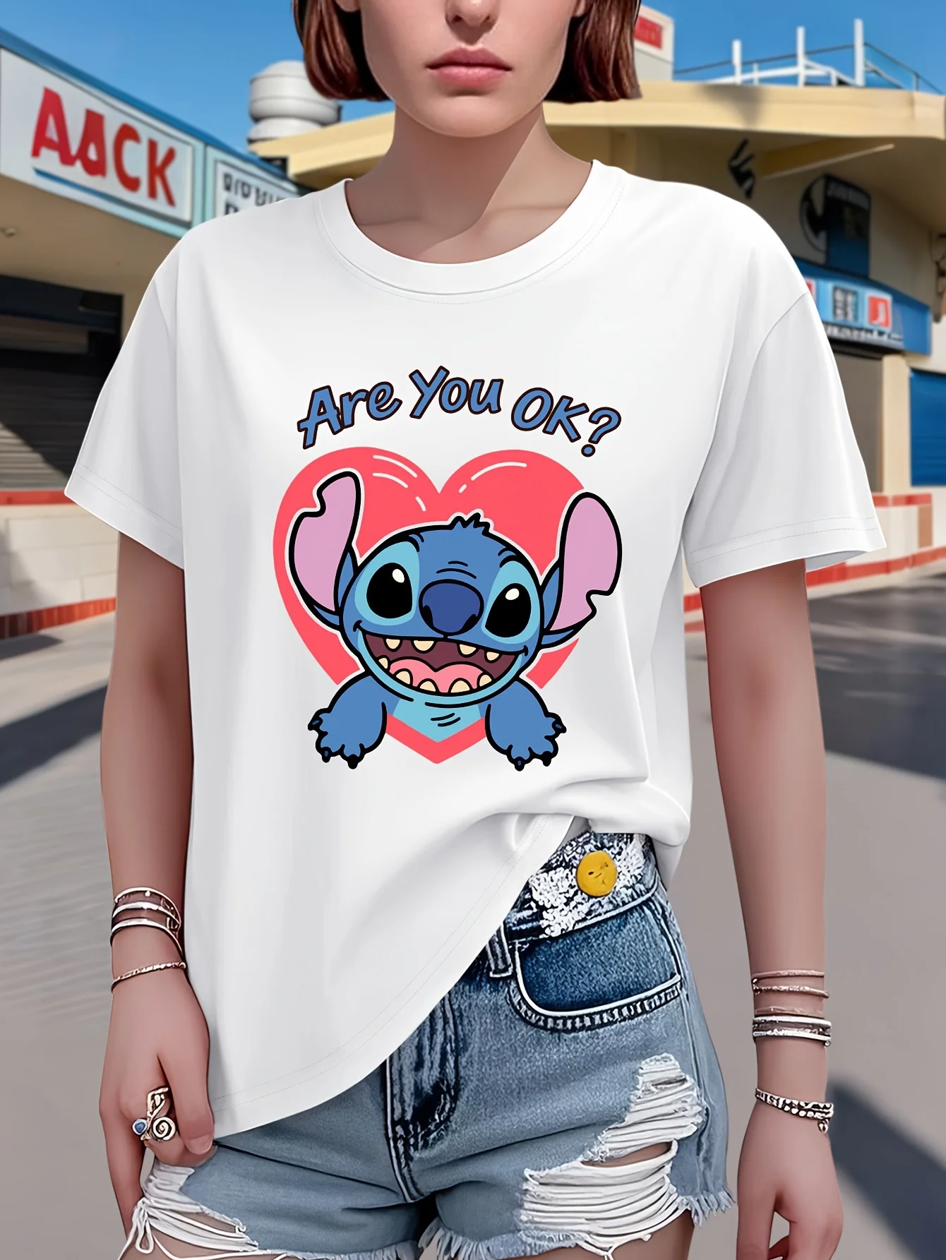 المرأة ديزني غرزة يحمل على هدية تي شيرت الرجال القطن المحملة س الرقبة عادية كبيرة الحجم قصيرة الأكمام الشارع الشهير ملابس علوية الموضة