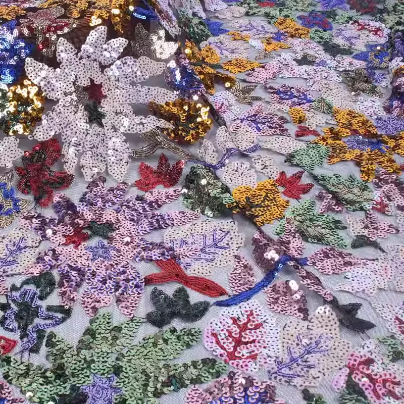 

1 ярд дизайнерской одежды с блестками для лоскутного шитья Красочная ткань с вышивкой бисером и сценическими костюмами в форме растений, платье