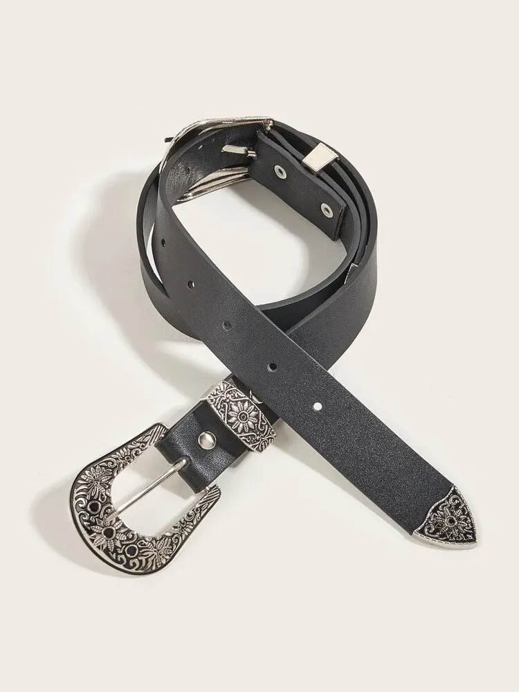 حزام خصر غربي عتيق للنساء ، حزام بإبزيم مزدوج من الجلد الصناعي ، حزام خصر لفستان الجينز #2