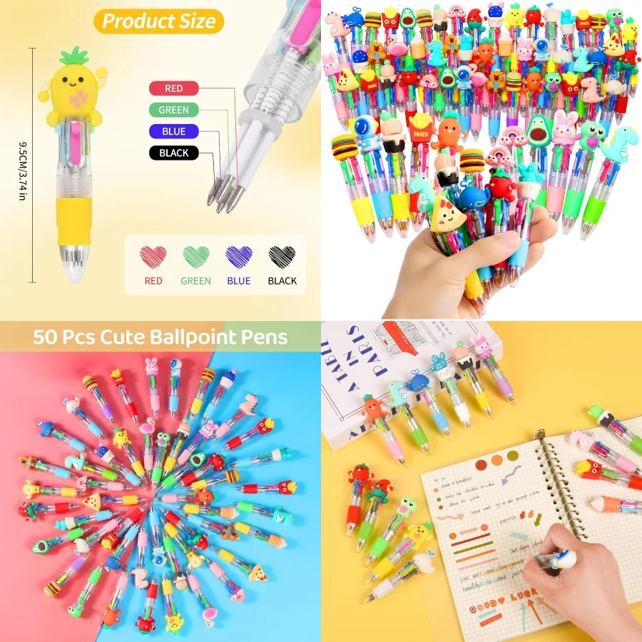 

LiYiQ 50 шт. разноцветная ручка в одном развлеждении, милые ручки 4-в-1, объемные шариковые ручки Kawaii Cool для забавных подарков 50 — идеально подходят для школы