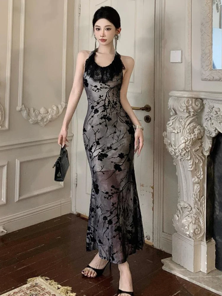 Retro Elegantชุดราตรียาวเสื้อผ้าผู้หญิงหวานHoliday Sheerลูกไม้สีดําRuffles Halter Backless Robe Party Prom Vestidos