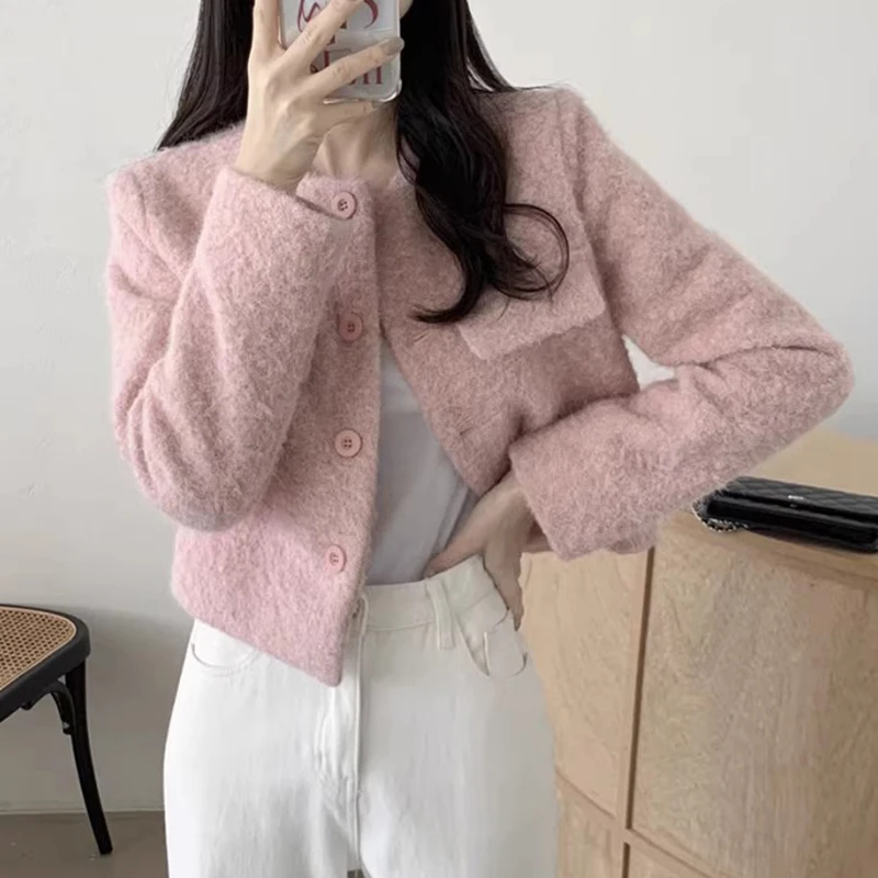 KUSAHIKI Korea Chic Autumn Sweet Elegant O-neck Single Breasted Causal Solid Long Sleeve Cardigan Short Coat Women Solid Jackets