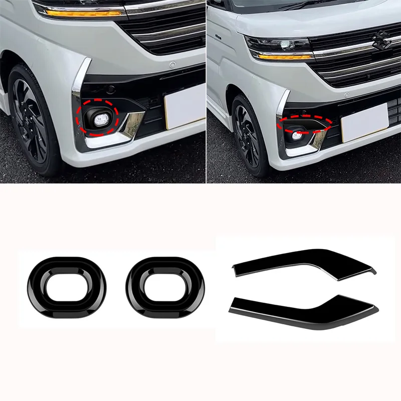 For Suzuki Spacia Custom MK54S MK94S 2024 ABS black Front fog lamp circle frame fog light eyebrow outer decorative glitter cover