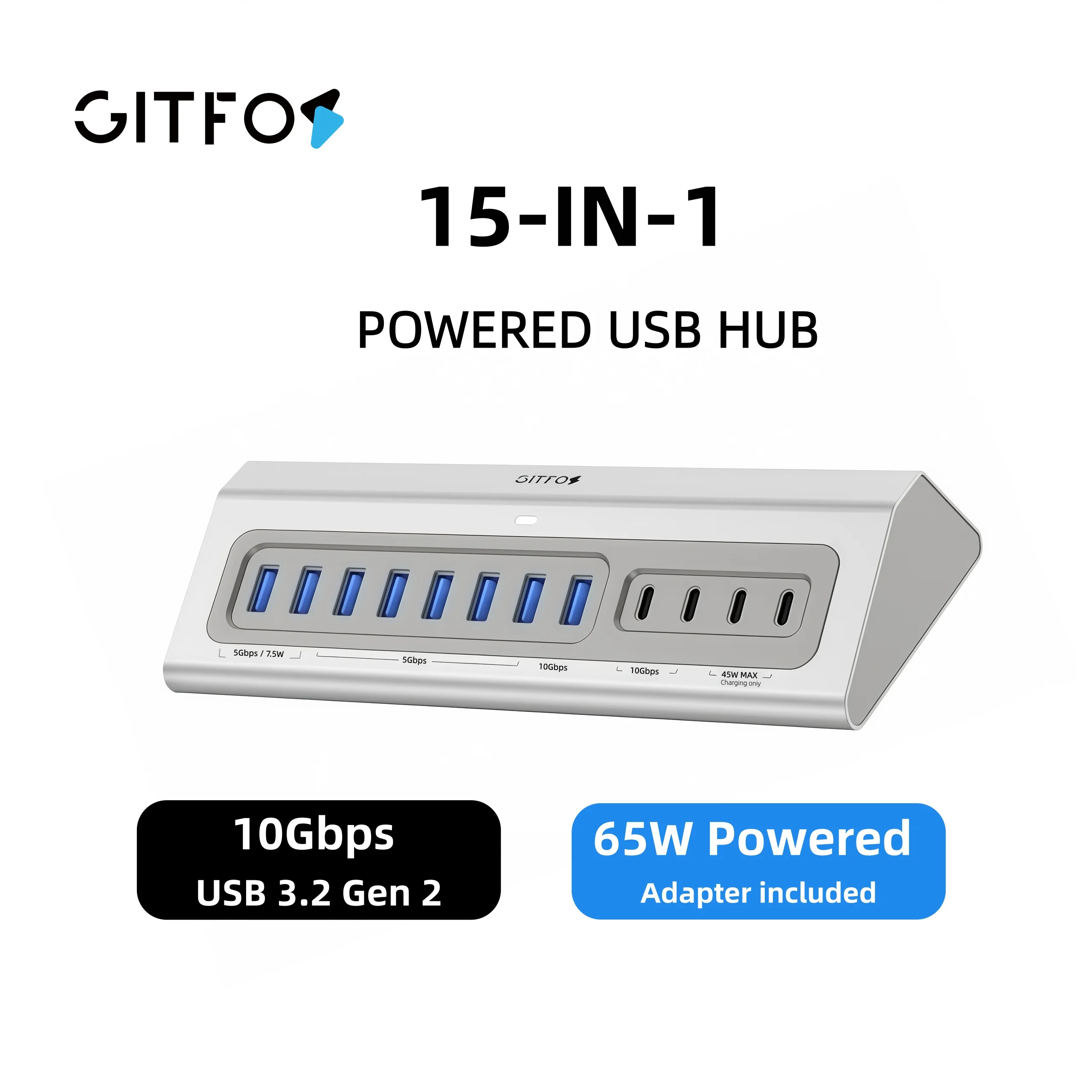 Gitfos C1 Powered USB C Hub,65W Adapter, 12-Port 8 USB-A 4 USB-C, 10Gbps, 100W PD, 3.3FT Cable for PC, Laptop, Mac, Mac mini