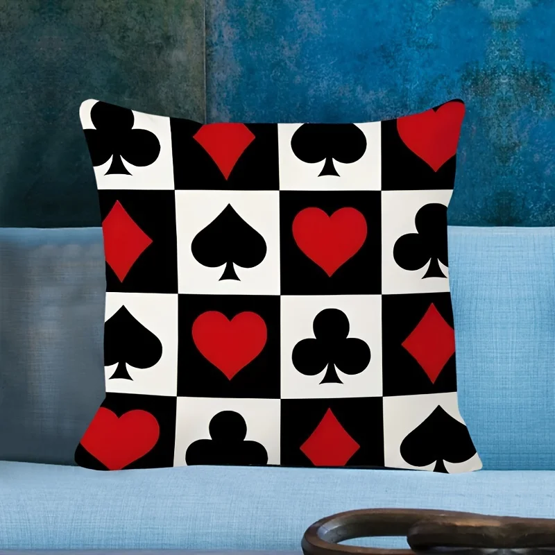 Hearts and spades patterned pillowcase, machine washable, suitable for game rooms, living rooms, and bedrooms.