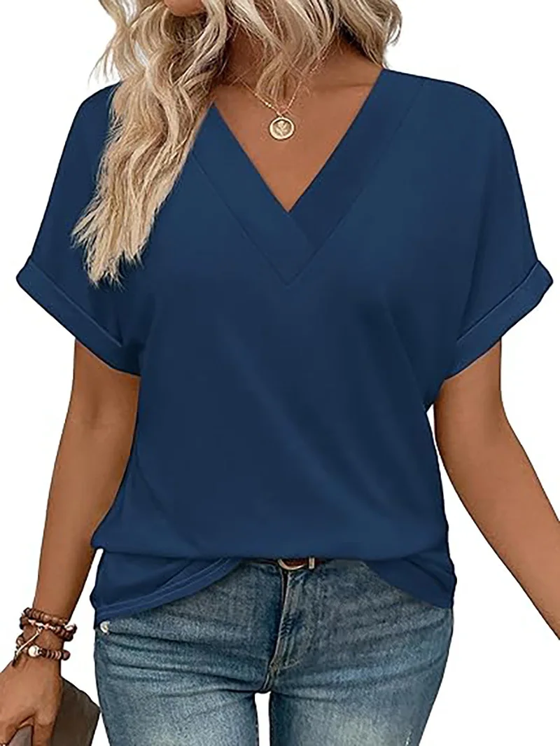 Women's Summer Tops Bat Sleeve Shirt 2025 Fashion V-neck Casual All-match T-shirt Women Clothing