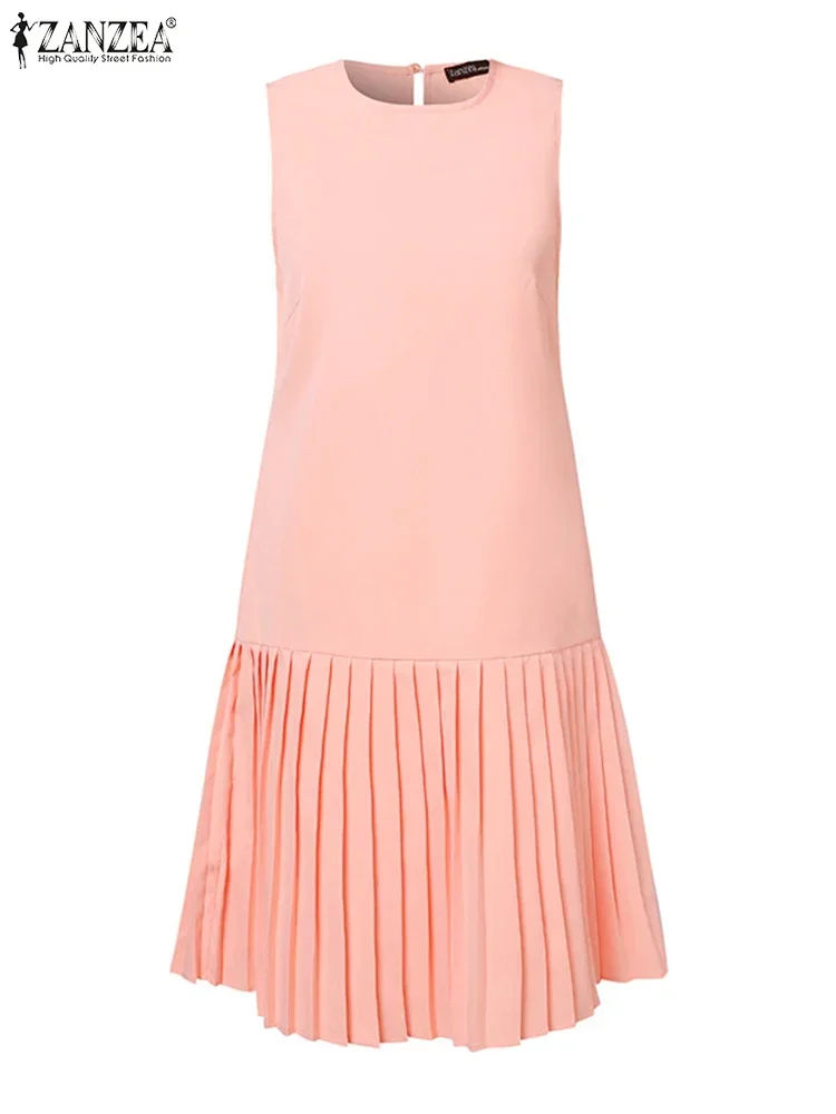 ZANZEA 2025 été sans manches plissé Mini robe femmes élégant fête réservoir robes dames décontracté couleur unie courte robe d'été