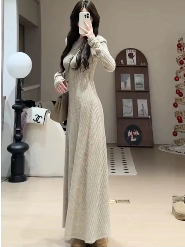 Ele cintura alta de malha dr feminino fino ajuste camada base inverno faion coreano sle longo sve botão-up saia linha a