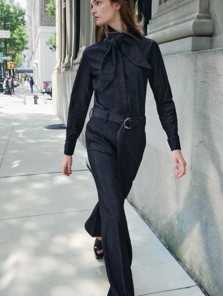 

Spring New High Waist Wide Leg Denim Jeans Knot Decorated Denim irt Two Piece Set Long Sve Long Pants Faiona...