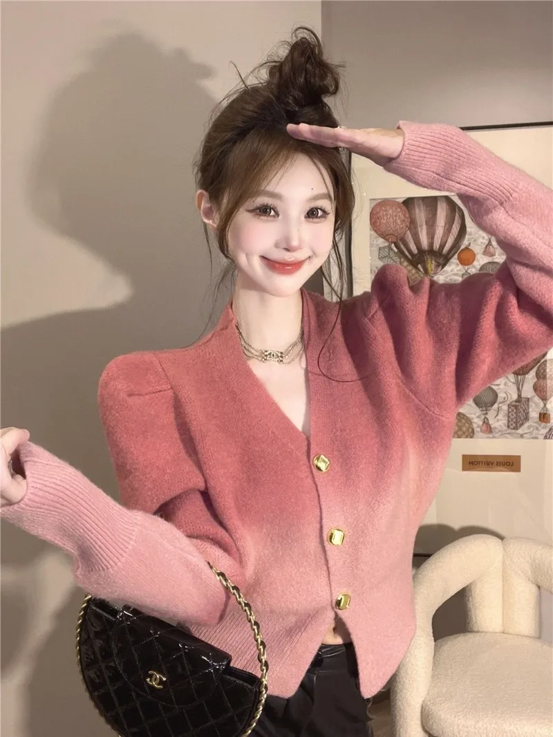 Autumn and Winter Fragrance Gradient Rose Red Sweater Women's Pink Short Bubble Sleeve Top Knitted Cardigan Coat Female Clothing