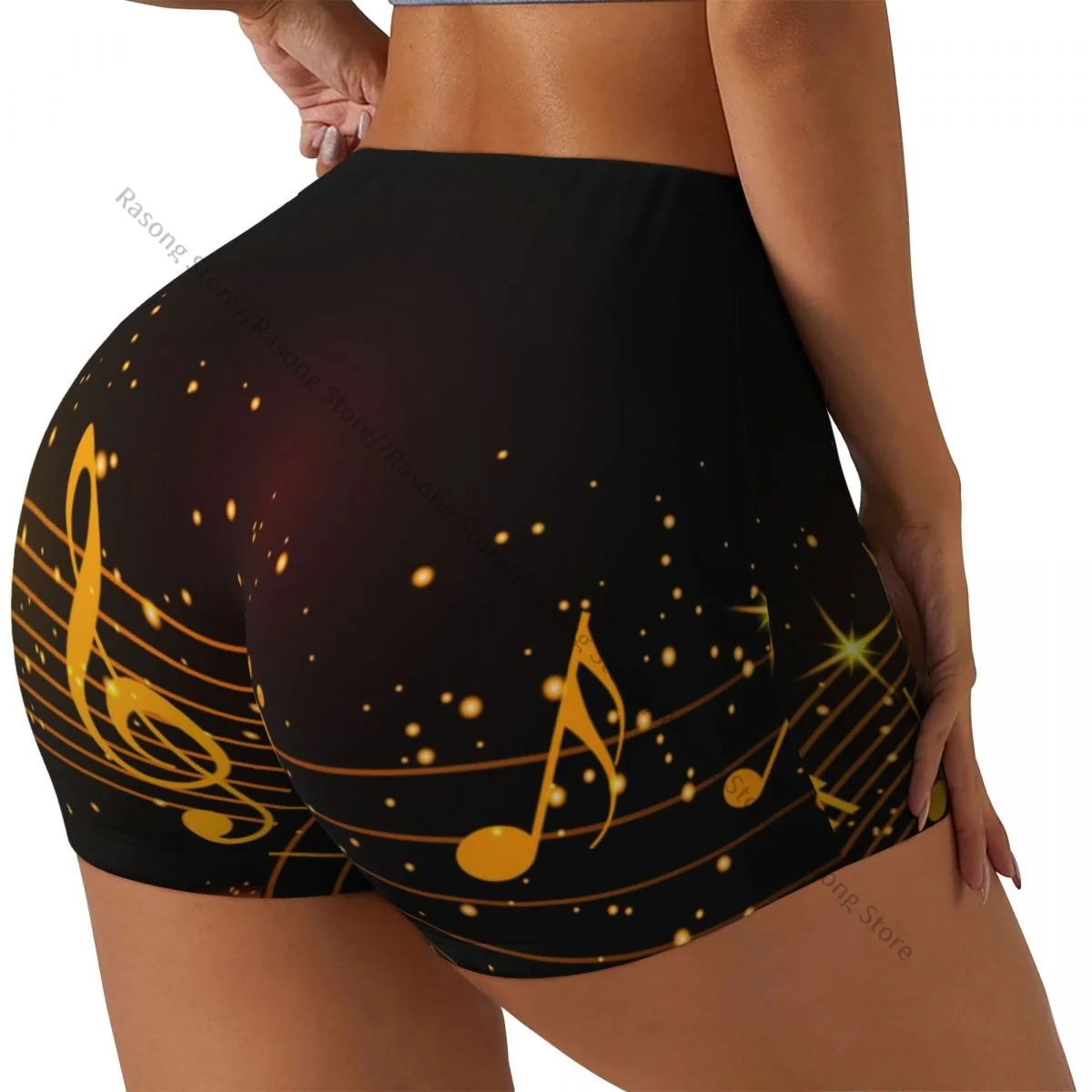 Push Up Short Elasticity Scrunch Butt Abstract Gold Musical Notes Running Shorts Sports Shorts Womens Clothes Gym