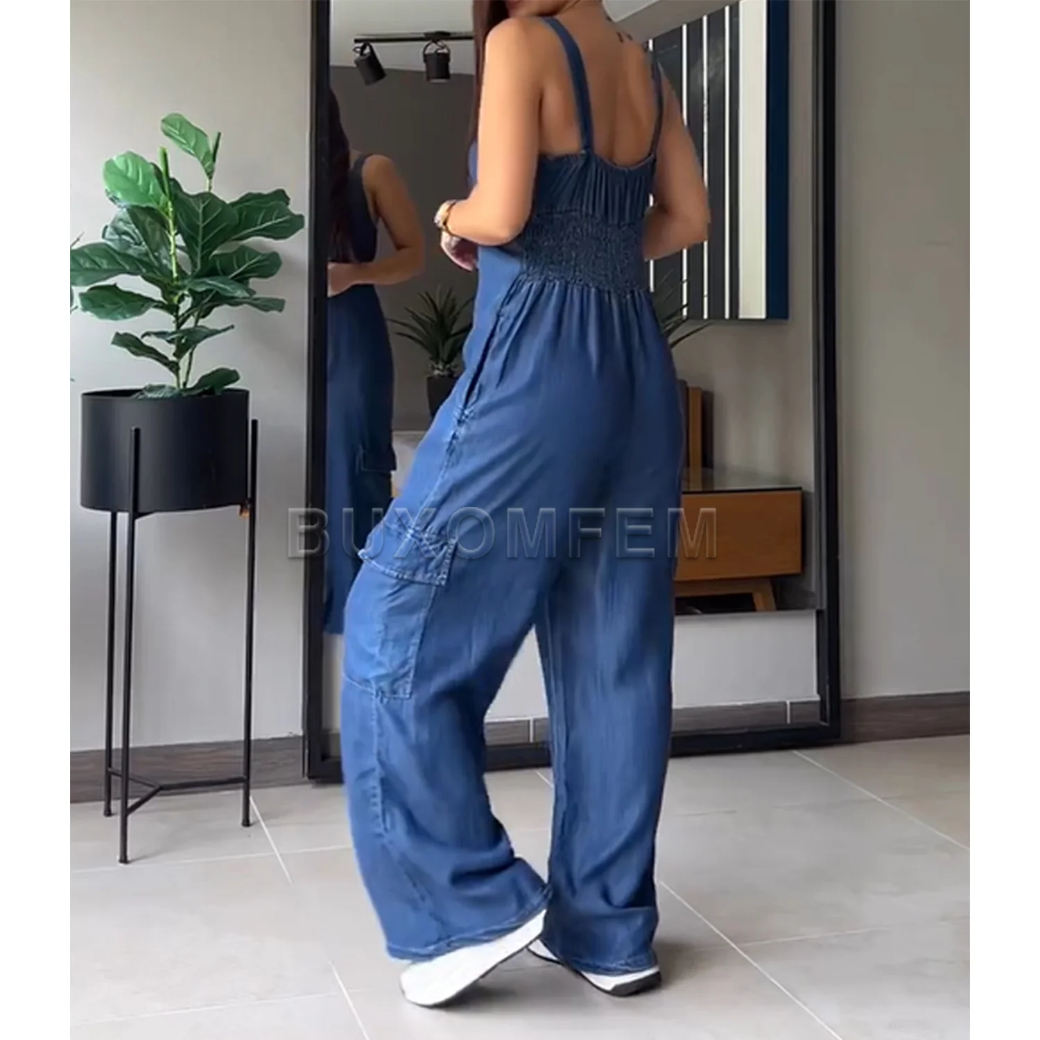 Stylish Colorful Pocket V-neck Jumpsuit 2025 New Casual Retro Outfit Trousers Women's Soild Wide Leg Loose Baggy Jeans Bottoms