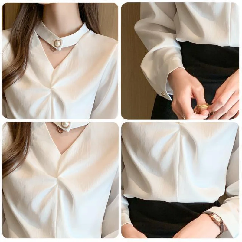 Satin Beading Halter V-Neck Woman Blouses 2022 Spring New Elegant Fashion Office Lady Long Sleeve Loose Commuter Shirts Female