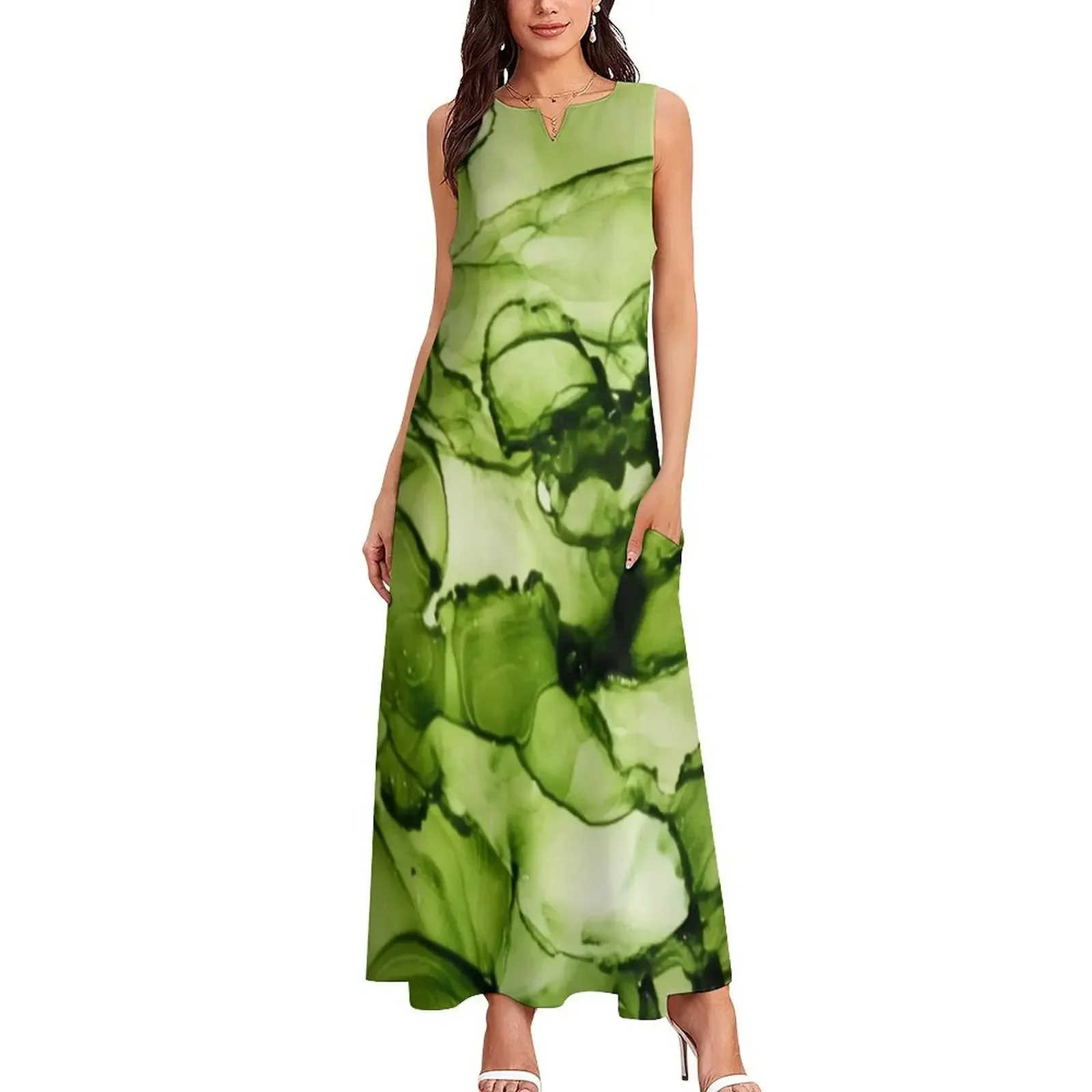 Camadas de tinta - Vestido longo verde vestido de noite vintage mulher vestidos de verão 2025