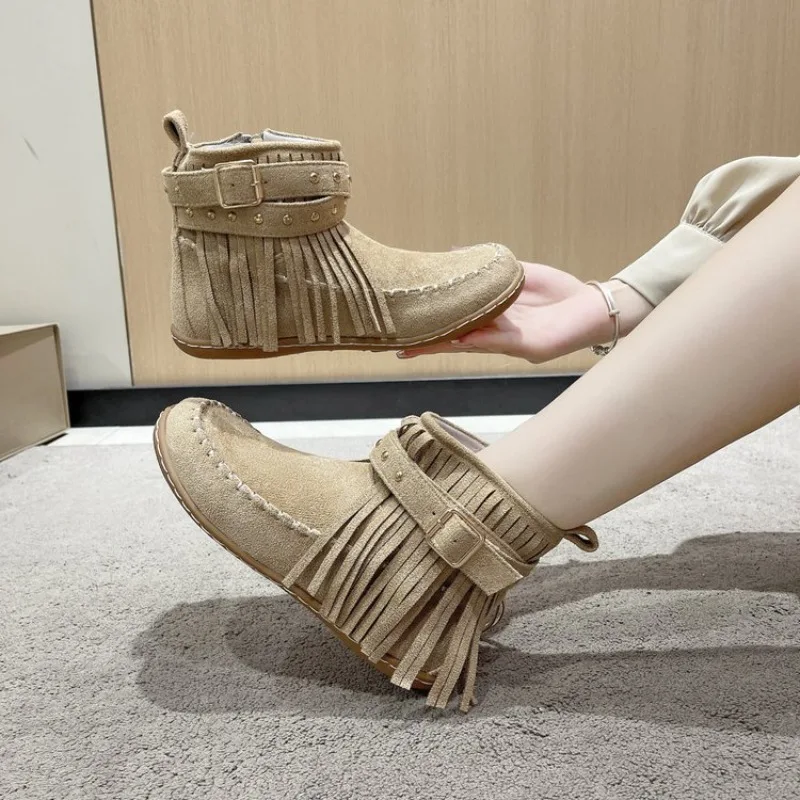 Women's Ankle Boots Flat Round Toe Suede-Look Fringe Tassels Side Zipper Buckle Strap Stud Details Casual Daily Walking Shoes