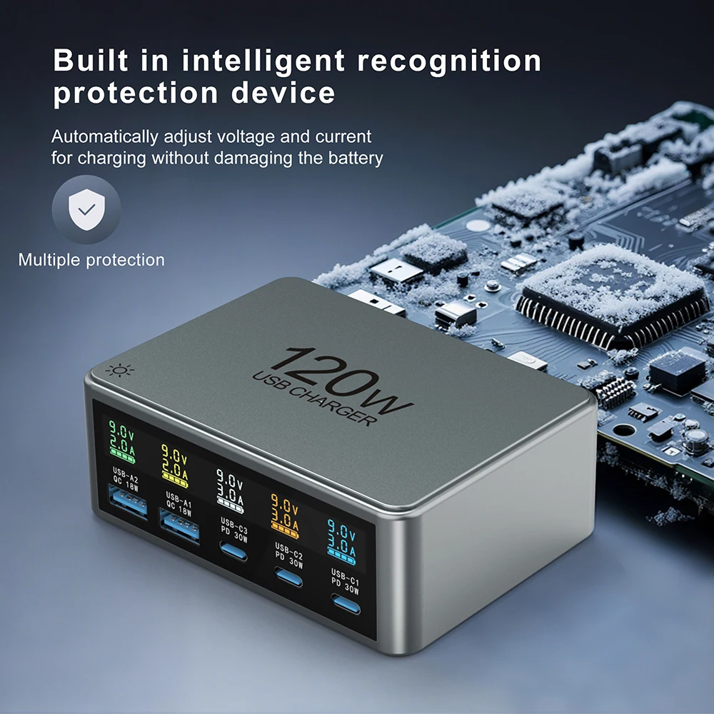 120W Desktop Fast Charging Station PD 30W USB Type C 5-Port Digital Display GaN Charger for iPhone Samsung Xiaomi Phone Tablets - náhled 5