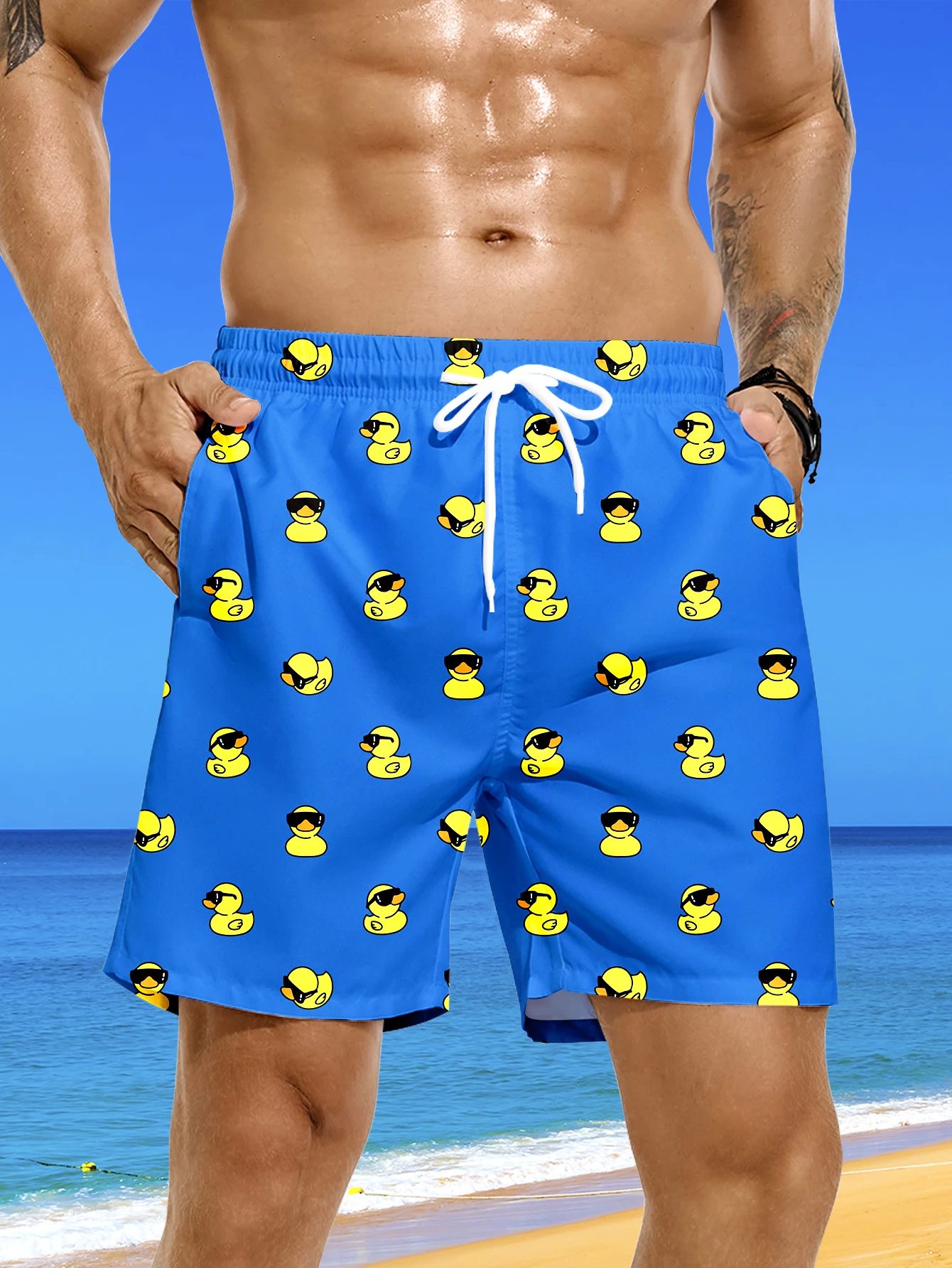 

Мужские пляжные брюки с мультяшным принтом желтой утки, плавки, модные пляжные шорты для отдыха