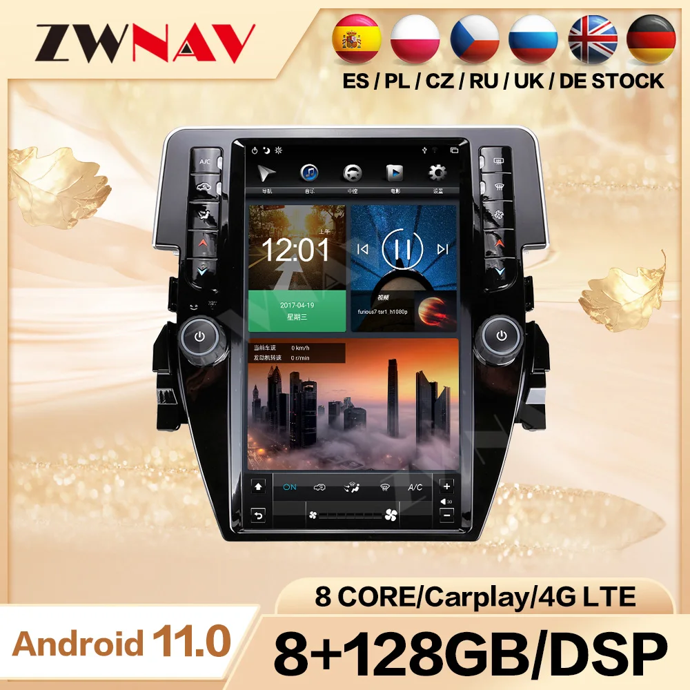 

128G Tesa-сенсорный экран Android 13, автомобильный мультимедийный плеер для Honda Civic, автомобильный GPS, аудио, радио, стерео головное устройство, Bluetooth