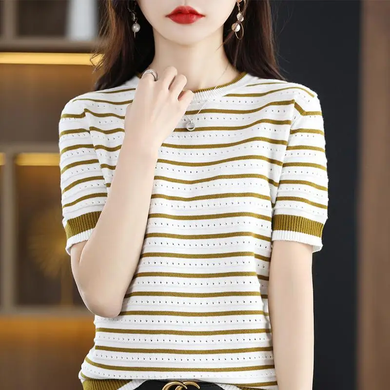 Summer Women Vintage Striped T-Shirt Korean All-match Hollow Out Fashion Short Sleeve O-Neck Loose Casual Knitted Pullover Tops