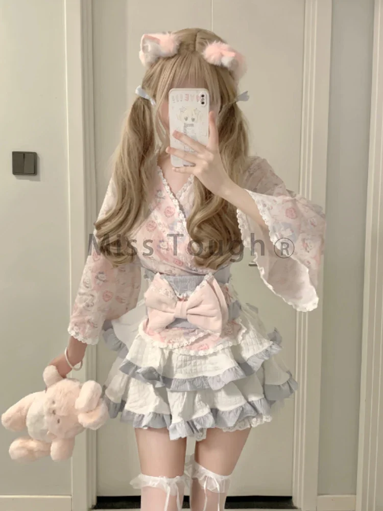 Japanese Sweet Loose V Neck 2 Piece Set Women Autumn Chic Print Long Sleeve Bow Top Female + High Waist Thin Ruffle Short Skirt