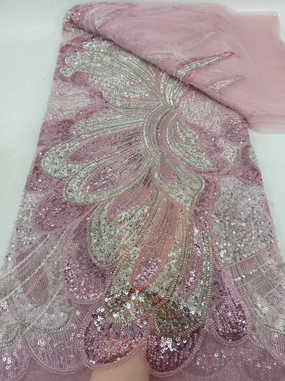 

2025 Elegant French Embroidery Lace Fabric,African Nigerian Tulle Mesh,Shiny Sequins BEADED Fabric For Wedding Dress