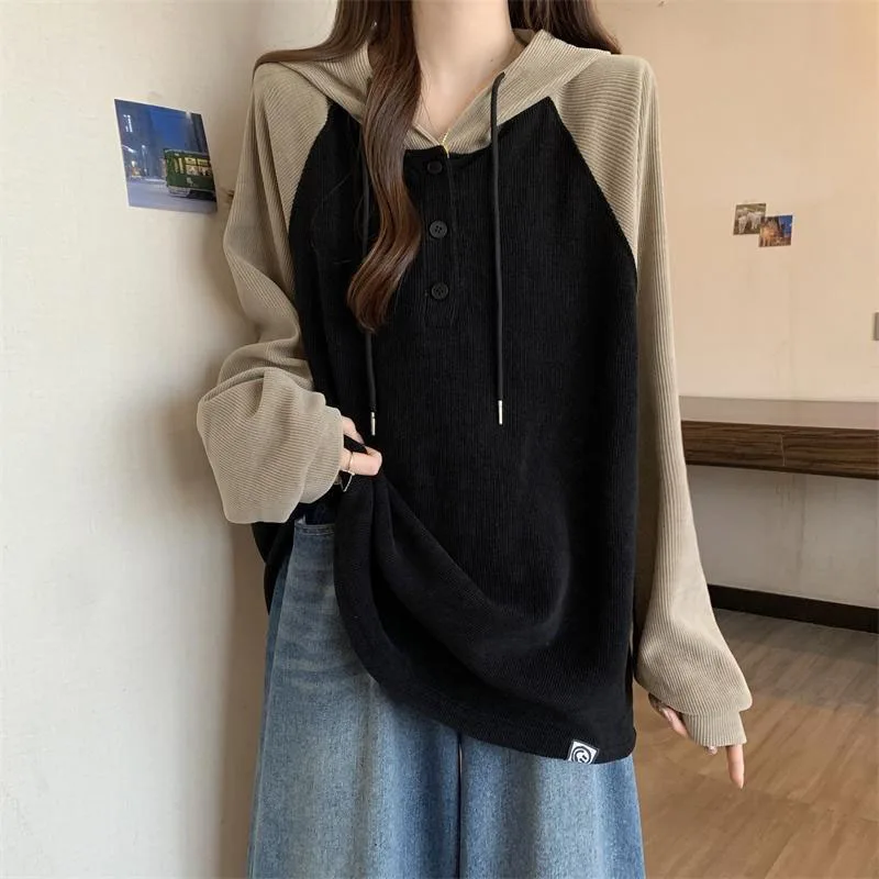 Women Clothing Fashion Casual Long Sleeve Hoodies Spring Autumn Loose Lazy Style Top Tee Office Lady Button Patchwork Pullover