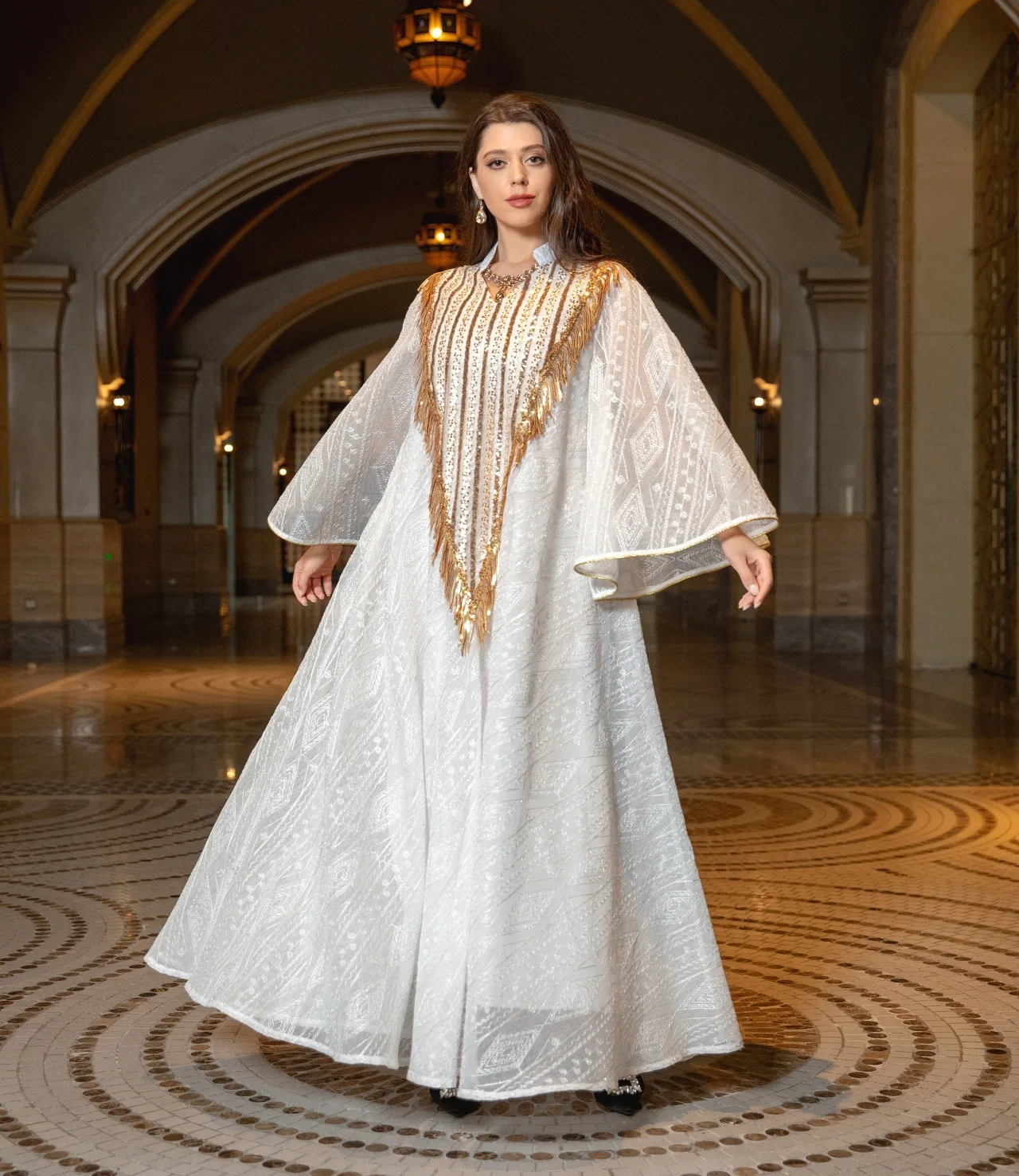 Arab Dubai Mesh Sequins Embroidery Evening Robe For Women Jalabiyat Muslim Turkish Casual Loose Long Sleeve Clothing