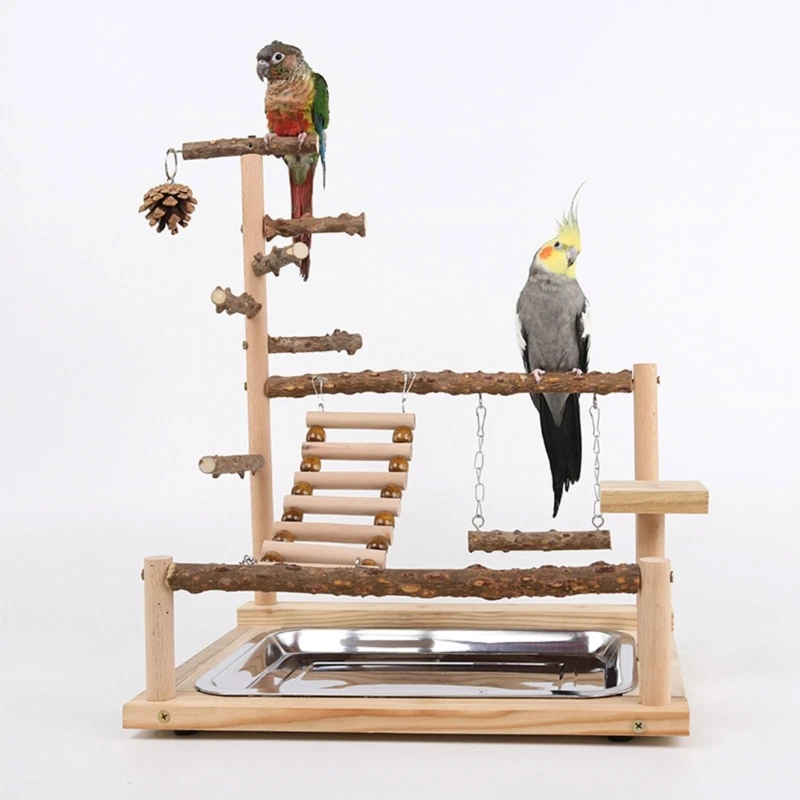 Bird Swing Toy Wooden Parrot Perch Stand Playstand with Chewing Beads Cage Playground Bird Swing Toy Wooden Parrot Perch