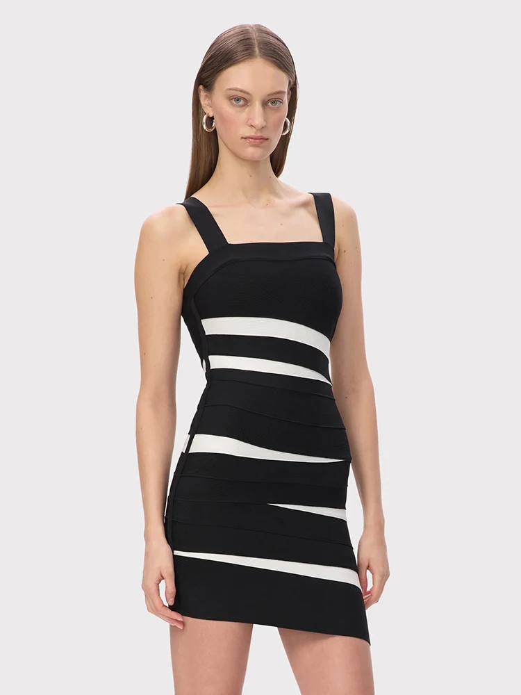 เดรสสายเดี่ยวผ้าตาข่ายแต่งผ้าพันแผลสีดำ แขนกุด คอเหลี่ยม ทรงเข้ารูป สไตล์มินิเดรส สำหรับงานปาร์ตี้ยามเย็น