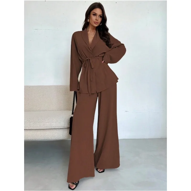Spring/Autumn Long-sleeved Shirt Belt Cardigan Wide-leg Pants Two-piece Set Loose Elastic High-waisted Pants Suit Women's Outfit