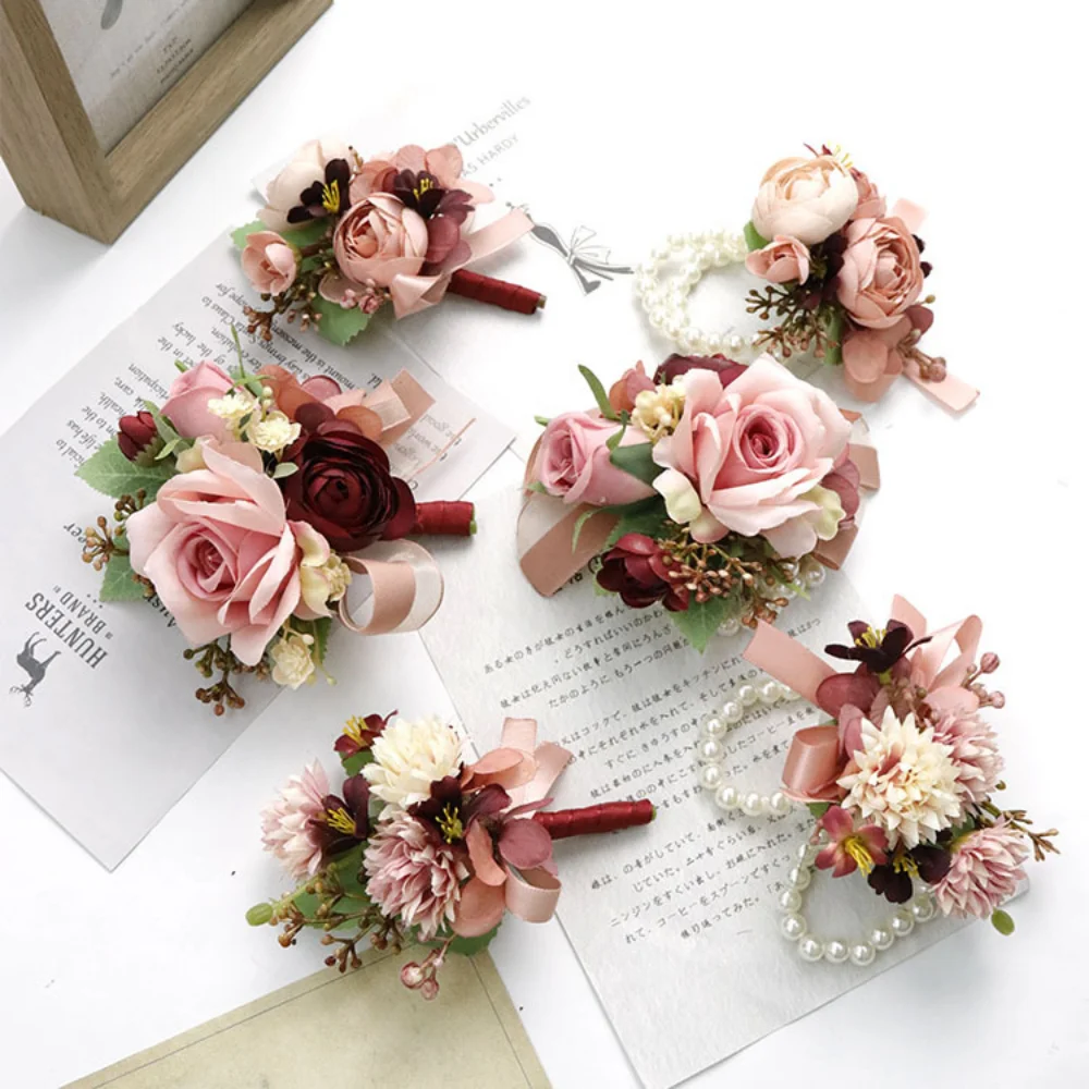 Boutonnières de mariage à fleurs rouges mélangées pour marié, avec ruban, pour demoiselle d'honneur