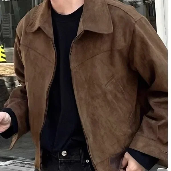 

Мужская куртка с отложным воротником и длинными рукавами, однотонная молния, свободные пальто, повседневная верхняя одежда с карманами, осень 2024