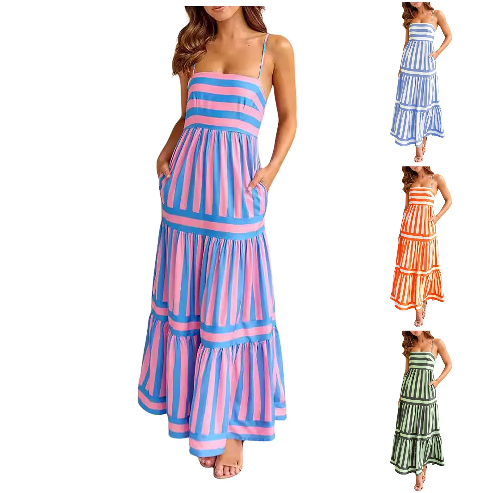 Moda donna Boho colorato Spaghetti Strap Dress Summer Vacation Beach Long Sundress Striped Flowy Cami Maxi Dress Vestidos