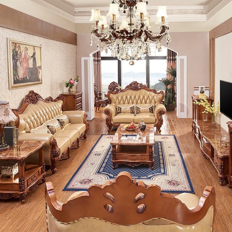 Juego de Sofás Seccionales de Tela con Cuero, Estilo Europeo Antiguo, Muebles Tradicionales para el Hogar, para Apartamentos, Muebles para Sala de Estar