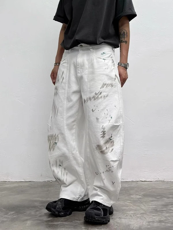 سراويل تقليدية مرسومة يدويًا بيضاء فضفاضة واسعة الساق سكين تصميم بسيط الراقية الشعور الشبابي الطاقة Sle الصيف الرجالية