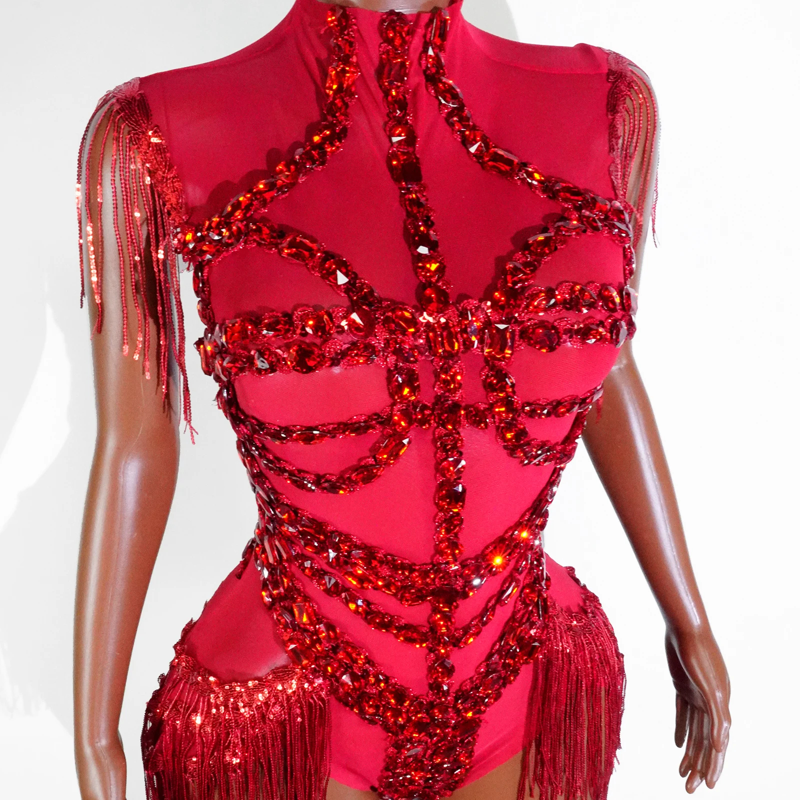 

New Black Crystal Mesh See Through Bodysuit Women Sexy Fringe Leotard Nightclub Party Celebrate Pole Dj Dance Clothing Stage