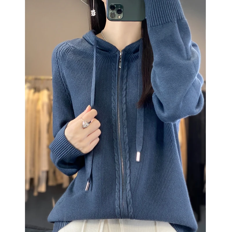 

Women's Cardigan Autumn/Winter Solid Knitwear Hooded Collar Sweater Casual Loose Jacket Ladies Clothing Basics Blouse Zipper Top