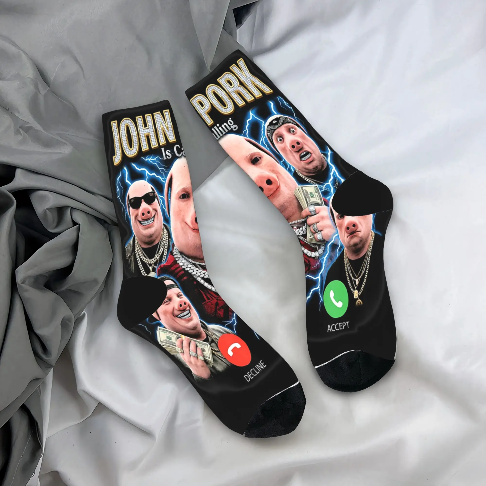 John Pork is Calling Meme Brainrot Stockings Men  Socks Comfortable Fashion Socks Spring Outdoor Non Slip Printed Socks Gift