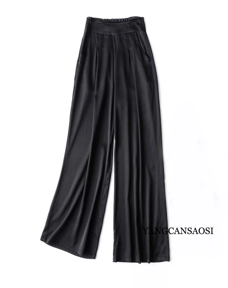Pocket Design 93% Natural Mulberry Silk Elastic Double Qiao Satin Black Drape Comfortable Women's Fashionable Casual Pants