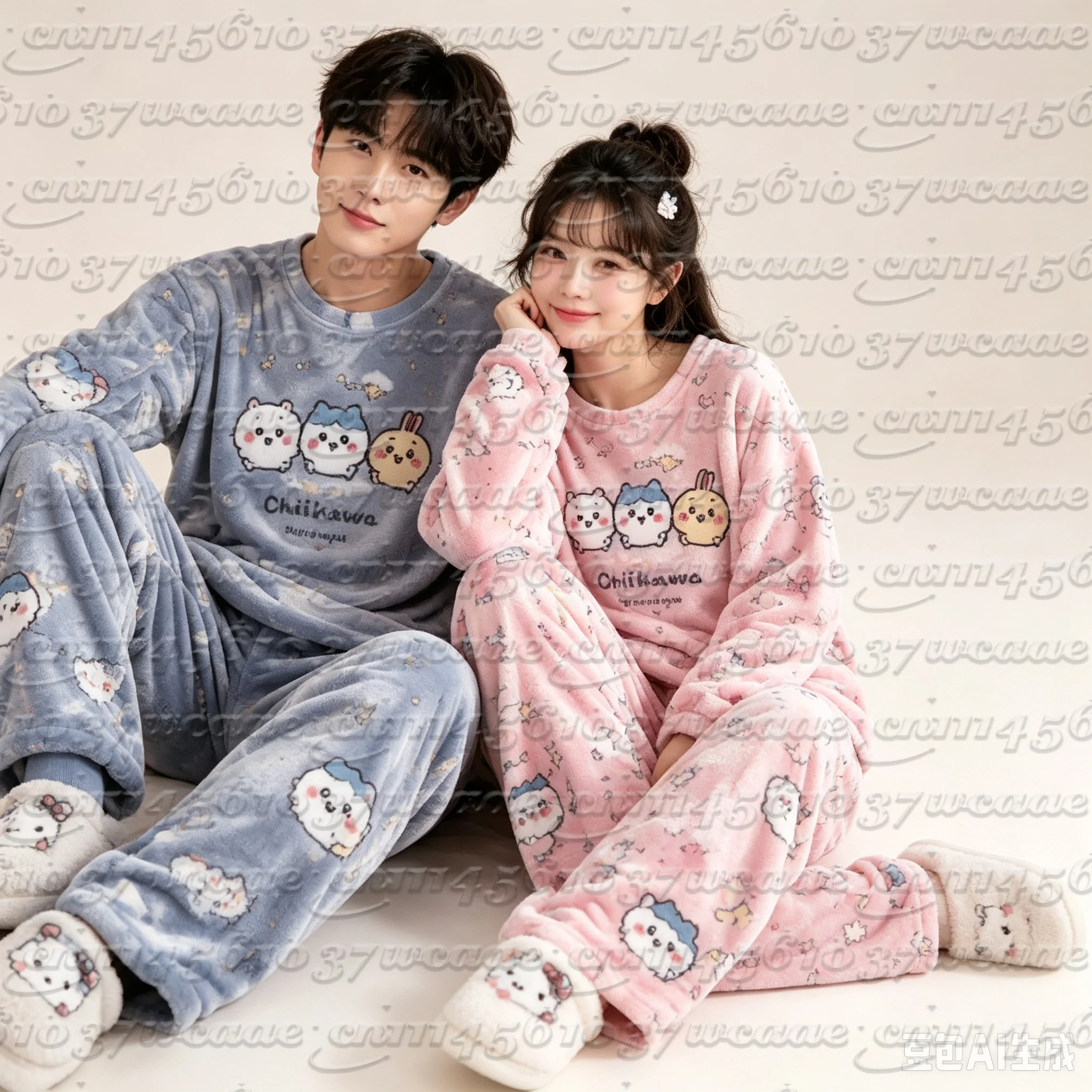 26/27 New Chiikawa Couple Flannel Pajama Set Cute Cartoon Print Long Sleeve Loungewear  FamilyMatching