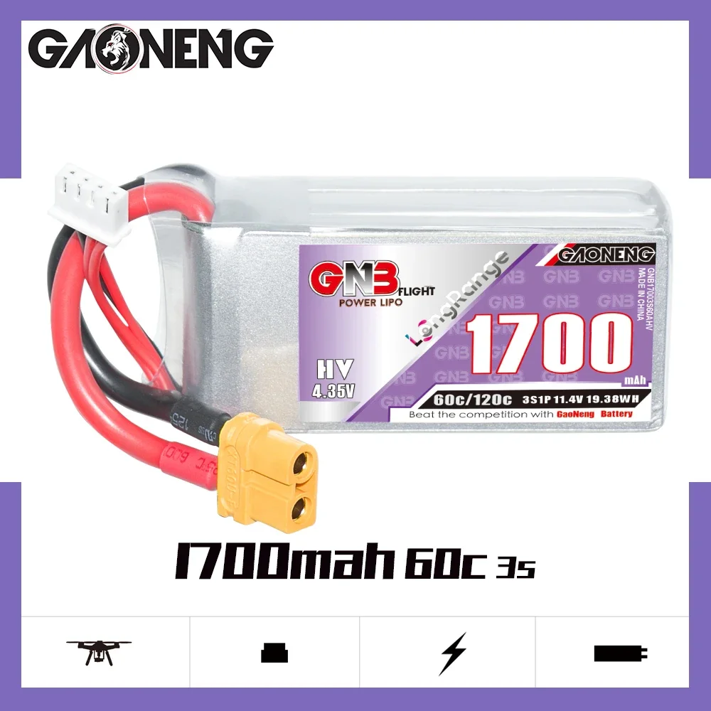 GAONENG GNB 1700mAh HV 3S 60C 120C 11.4V XT60 LiPo Battery Long Range 4 to 5 inch FPV WLtoys V950 450 Helicopter QAV250