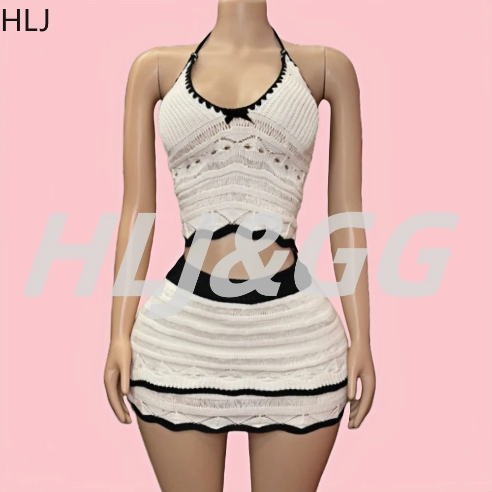 

HLJ Белые сексуальные вязаные плиссированные мини-юбки с бантом, комплекты из двух предметов, женские укороченные топы и юбки с v-образным вырезом и шнуровкой на спине, уличная одежда