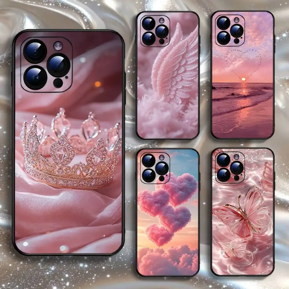 

Rose Gold Pink Princess Queen Phone Case For iPhone16,15,14,13,12,11 Plus,Pro Max,XS,X,XR,SE,Mini,8,7,Soft Silicone Black Cover