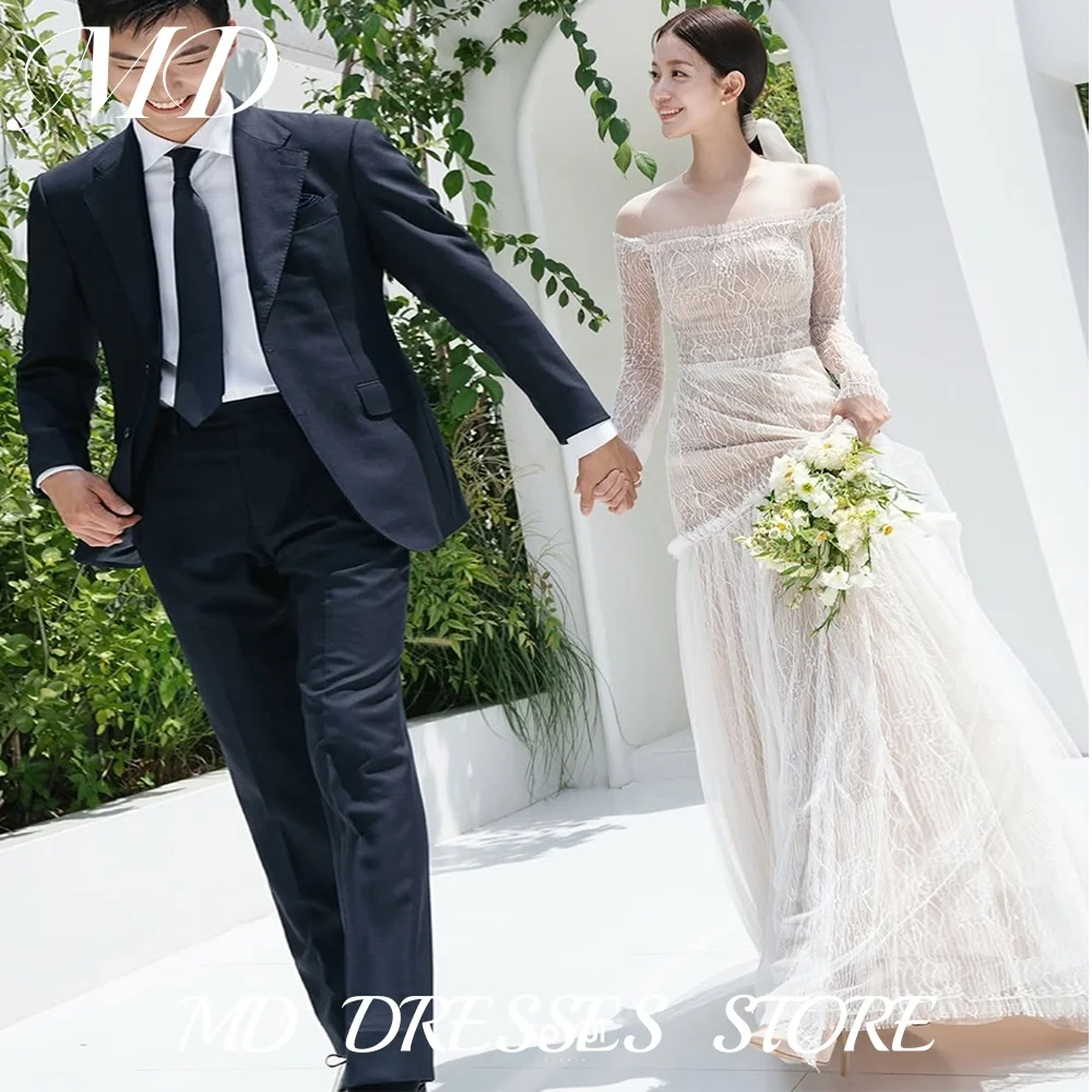 

MD Elegant Off Shoulder Mermaid Unique Wedding Dress Long Sleeve Korea Photoshoot Floor-Length Bridal Gown Customized 2025 웨딩드레스