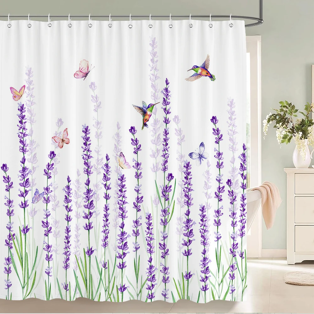 

Purple Lavender Floral Butterfly Shower Curtain Hummingbird Flowers Watercolor Green Leaves Plant Bathroom Decor with Hooks