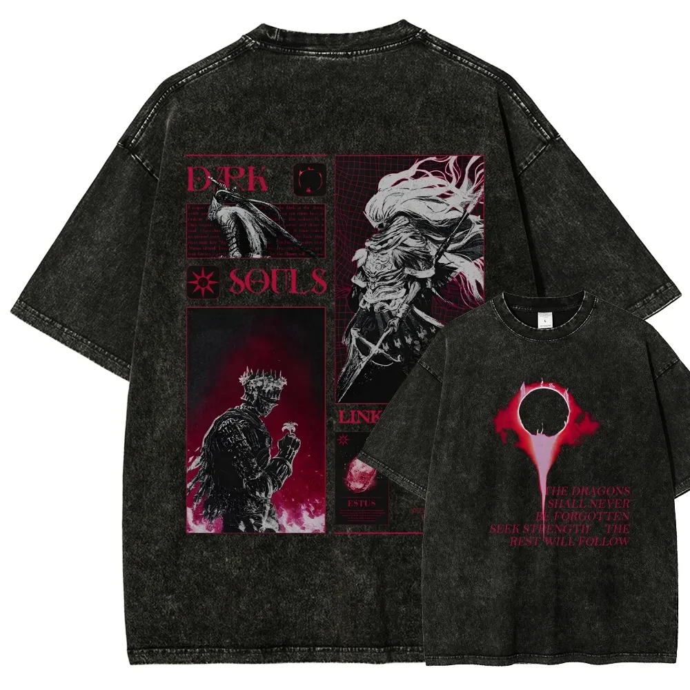 Classic Action Role-playing Game Blood Borne Peripherals Print T-shirt Men Women Fashion Retro Washed Cotton Casual Oversize Top