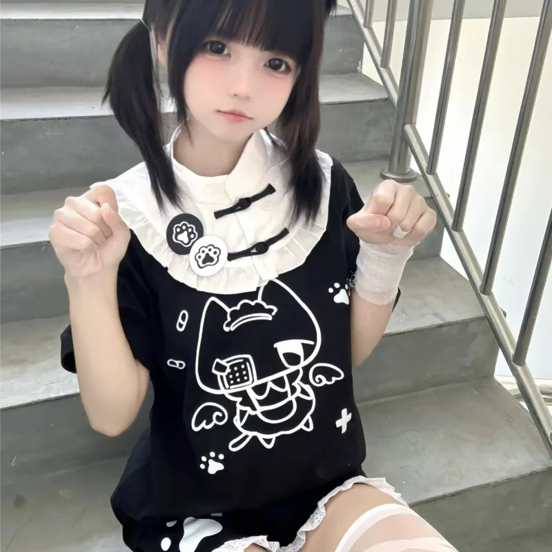 Japanese Kawaii Cat Cartoon Cute Lolita Tops Y2k Aesthetic Lace Patchwork Crop Tees Grunge Contrast Color Vintage Fairy T-shirts