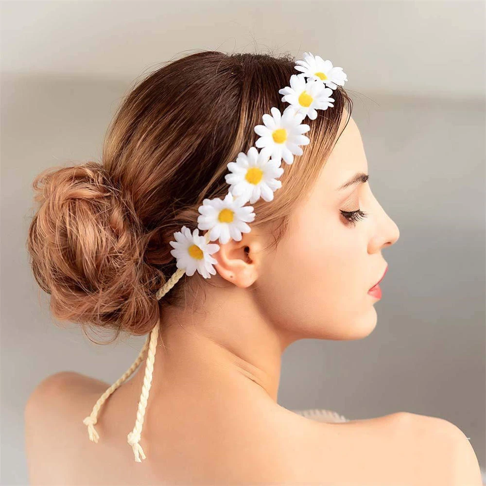 Women Elegant Sunflower Daisy Headband Adjustable Wreath Crown Wedding Bride Floral Hair Accessories Party Cosplay Headpiece